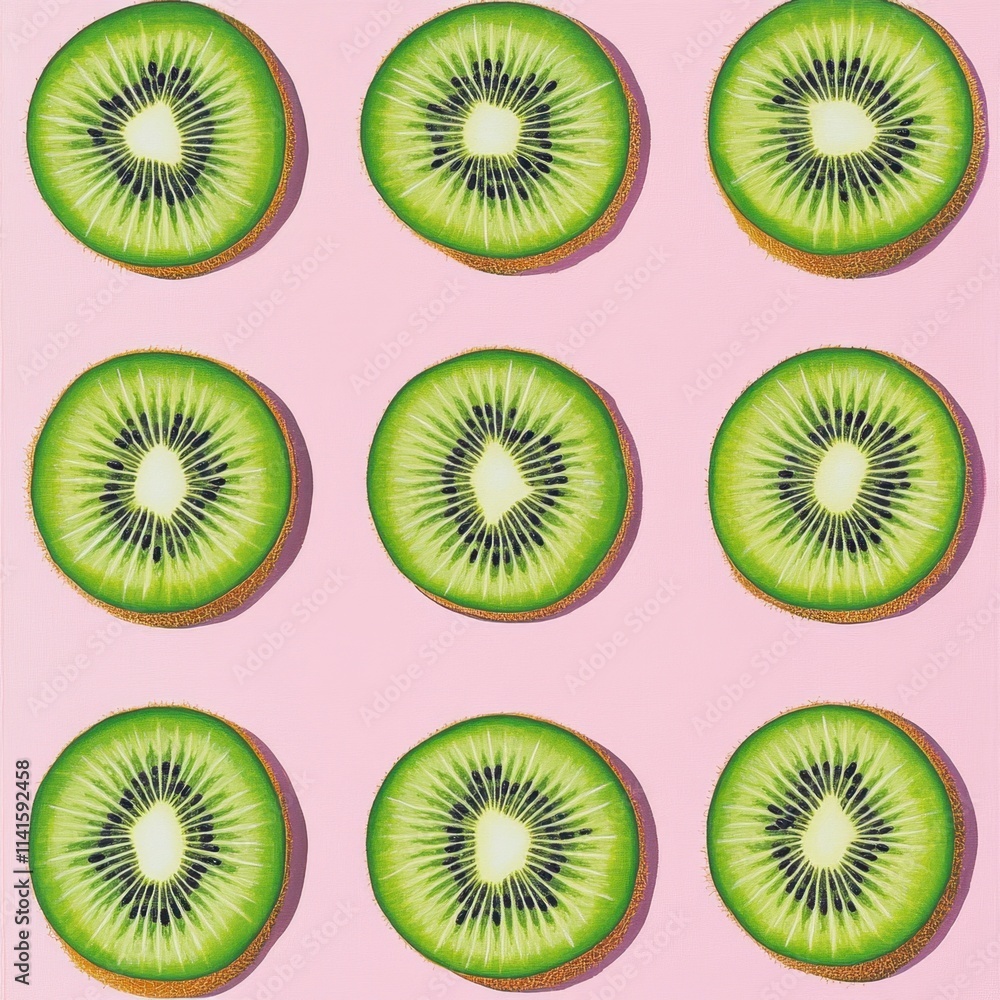 Fototapeta premium Nine Kiwi Slices on Pink Background - Cheerful Fruit Pattern
