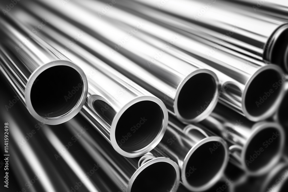 stack of metal pipes with a shiny silver surface. The pipes are arranged in a neat stack, with some overlapping each other. Concept of order and organization, as well as a sense of strength stack of metal pipes with a shiny silver surface. The pipes are arranged in a neat stack, with some overlapping each other. Concept of order and organization, as well as a sense of strength