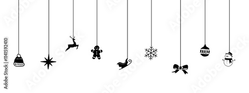 Christmas Border Black Ornaments Hanging Holidays Decoration. Silhouettes of Christmas Decoration on Transparent Background.