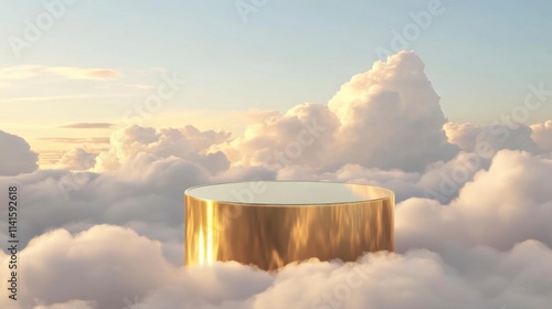 Golden Podium Floating Above Cloudscape - Serene Product Display