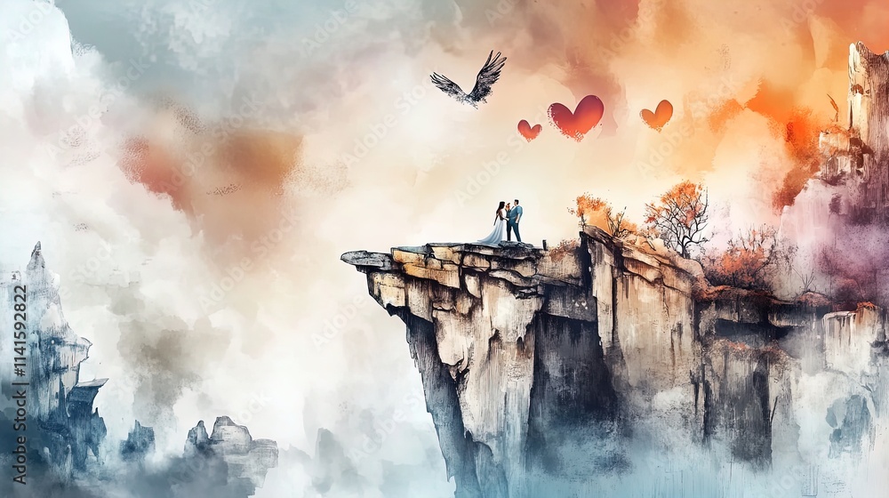 Fototapeta premium romantic sunset over scenic mountains: a perfect poster for your adventure-inspired space, featuring a couple and heart-shaped clouds to inspire love and wanderlust!