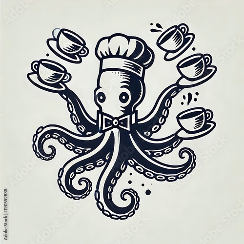 An octopus chef serving coffee cups. photo