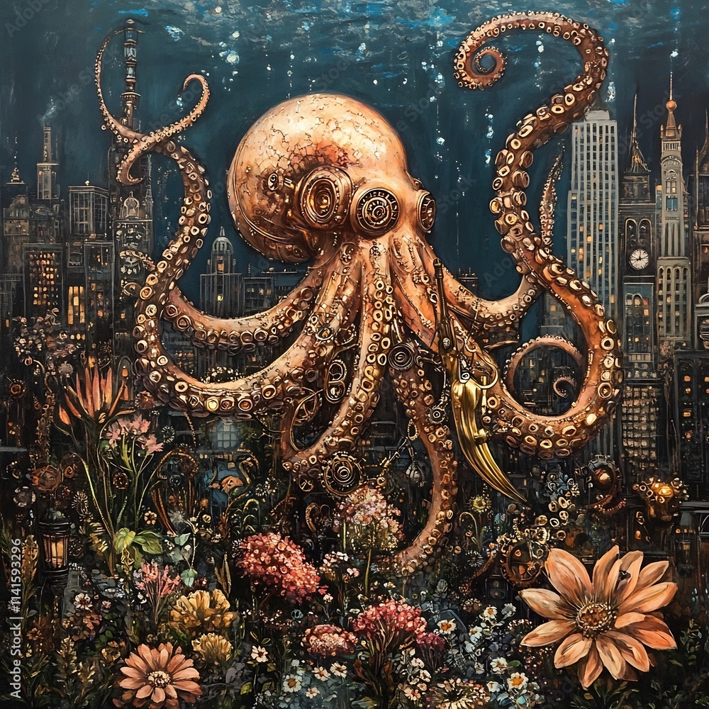 Fototapeta premium Octopus Emerging from Surreal Underwater City Skyline at Night