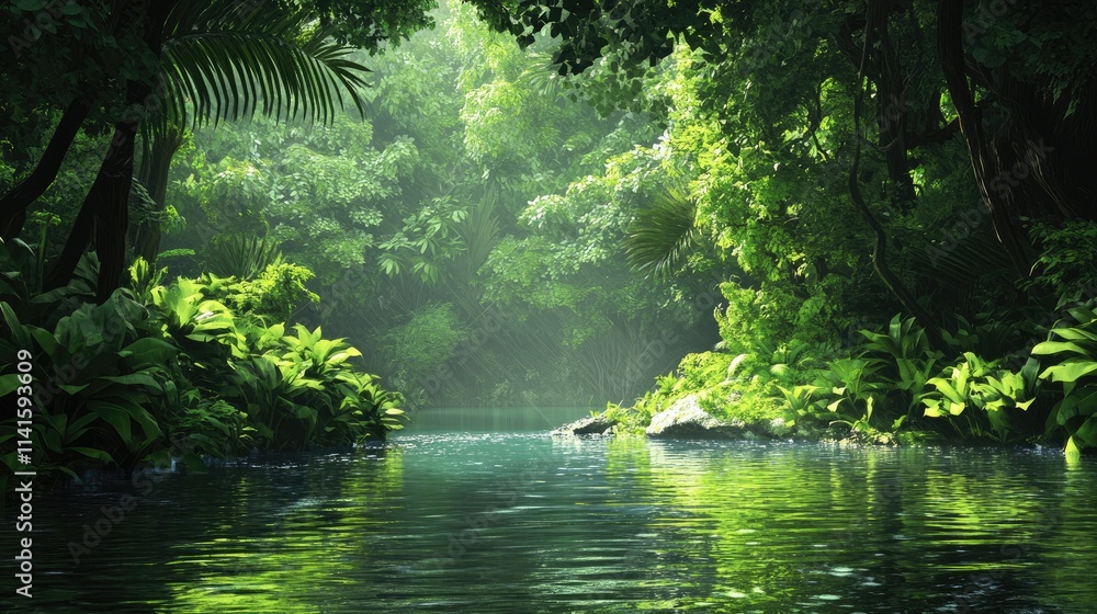 Fototapeta premium A vibrant mangrove forest with calm, reflective water and dense green foliage in a tropical environment.