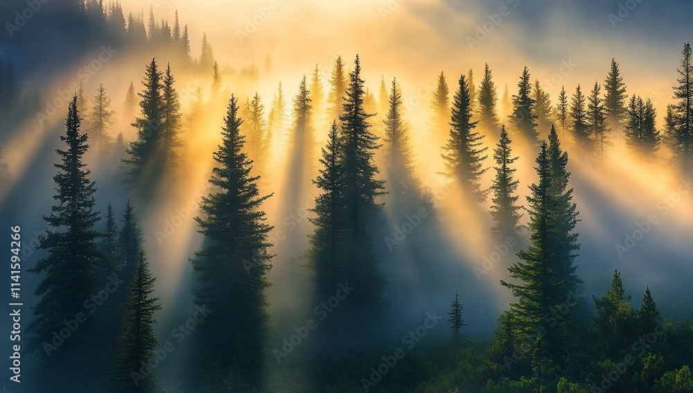 Sun rays pierce through morning fog illuminating a coniferous forest. Sun rays pierce through morning fog illuminating a coniferous forest.