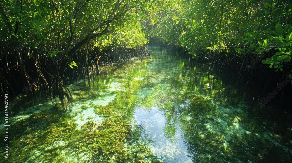 Naklejka premium Aerial view of a lush green mangrove forest with clear water channels running through the dense foliage.