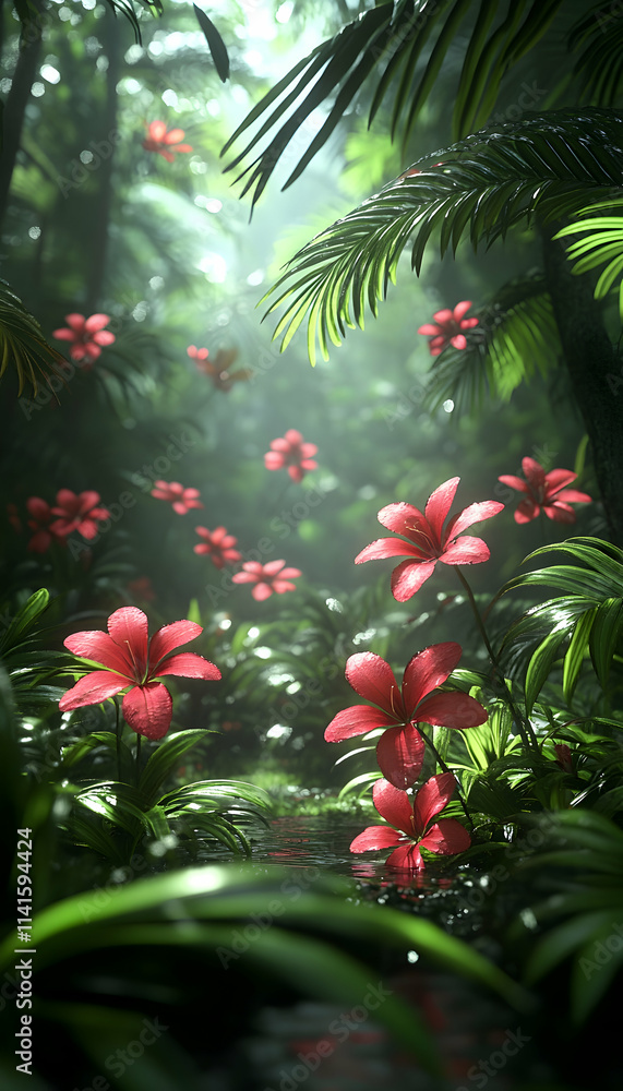 Lush Tropical Rainforest Path with Red Flowers, Sunlight, Misty Background, Nature Wallpaper. Lush Tropical Rainforest Path with Red Flowers, Sunlight, Misty Background, Nature Wallpaper.