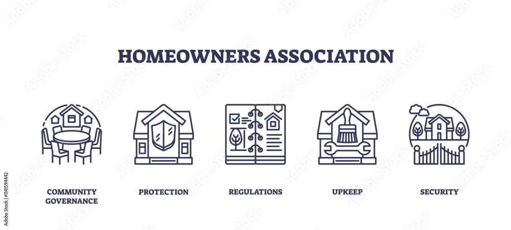 Homeowners Association icons depict governance, protection, and security with houses and documents. Outline icons set. Homeowners Association icons depict governance, protection, and security with houses and documents. Outline icons set.