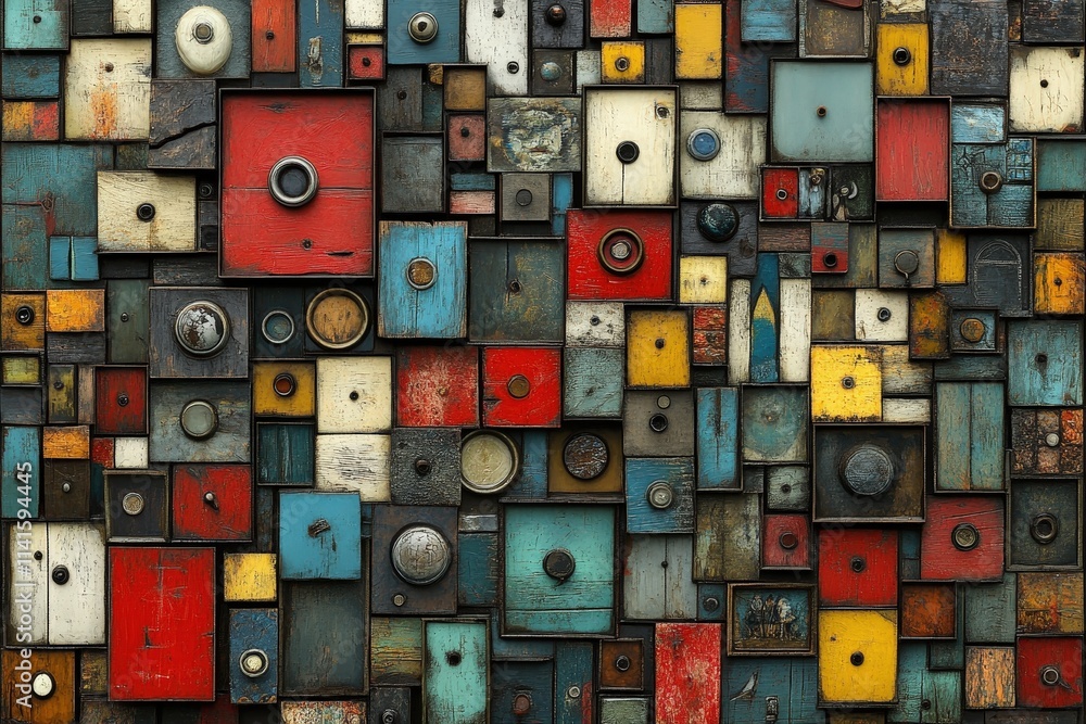 Fototapeta premium An intricate arrangement of colorful wooden boxes in various sizes, showcasing a blend of blues, reds, and yellows, creating an artistic mosaic.
