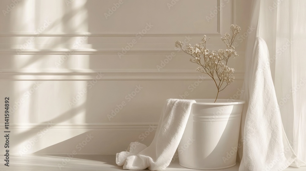 Aesthetic arrangement of a white bucket with a soft towel, styled in a serene, minimalist interior.