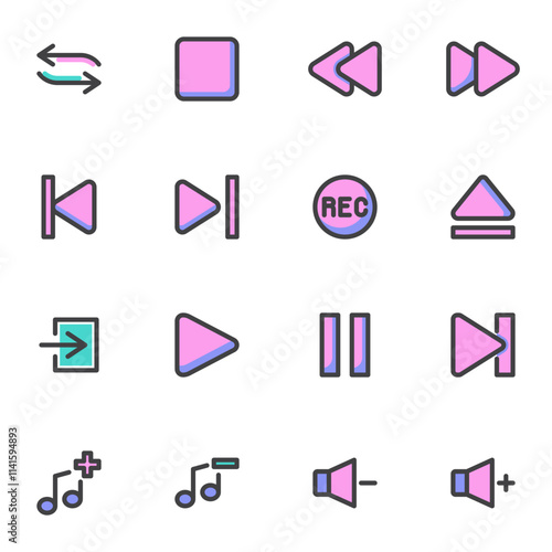 Media player buttons filled outline icons set