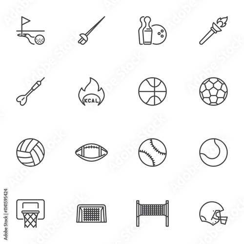 Sports equipment line icons set