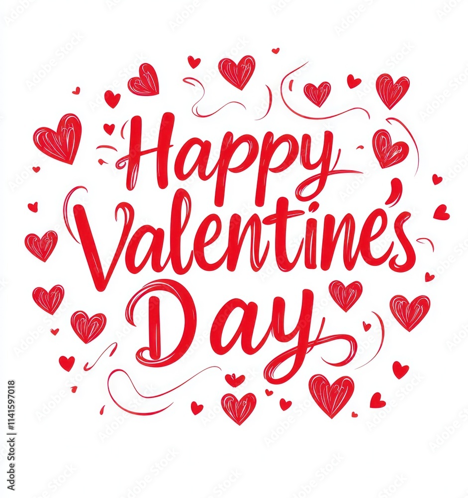 Cursive Happy Valentine's Day text in red with heart designs on white background. Cursive Happy Valentine's Day text in red with heart designs on white background.