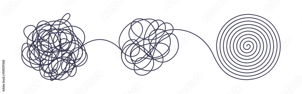 Chaos and order business concept flat style design vector illustration isolated on white background. Tangled disorder turns into spiral order line, find solution. Coaching, mentoring or psychotherapy. Chaos and order business concept flat style design vector illustration isolated on white background. Tangled disorder turns into spiral order line, find solution. Coaching, mentoring or psychotherapy.