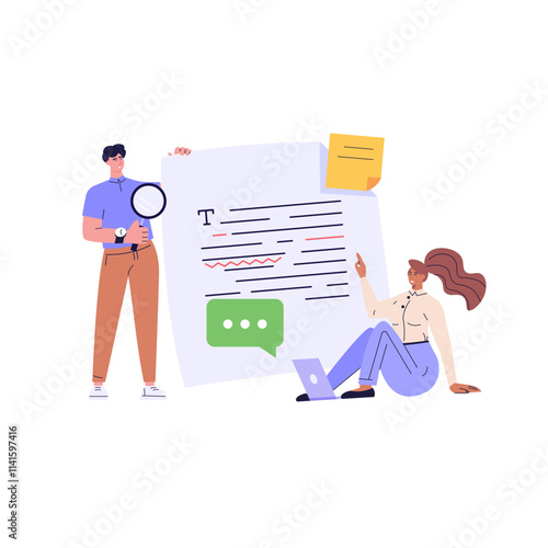 Editing document with text. Correcting grammar mistake with red marker. Teacher fix page text errors. Concept of text editing, grammar edit, correcting mistake. Vector flat cartoon illustration