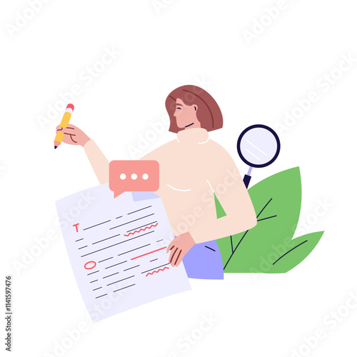 Editing document with text. Correcting grammar mistake with red marker. Teacher fix page text errors. Concept of text editing, grammar edit, correcting mistake. Vector flat cartoon illustration