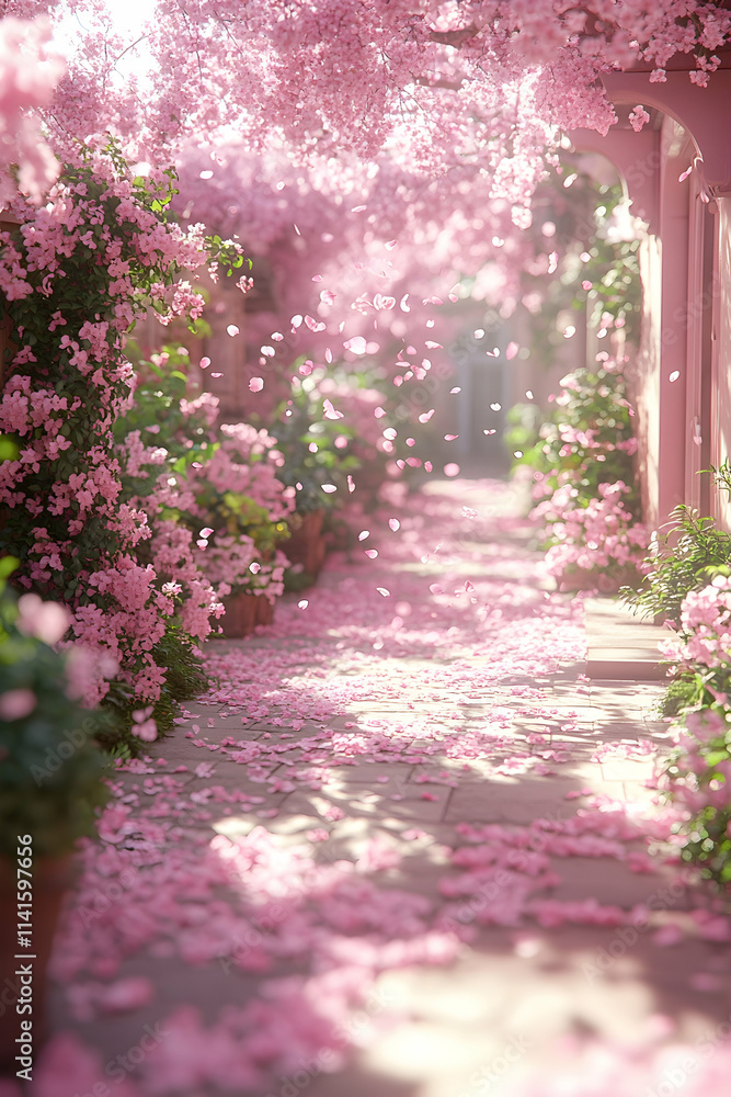 Fototapeta premium Pink blossom pathway, petals falling, sunlit garden, romantic scene, wedding backdrop.