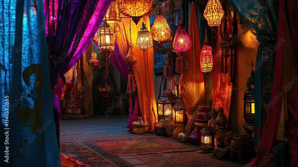 Obraz premium Brightly lit festival scene with colorful drapes, hanging lanterns, and detailed ornaments on display.