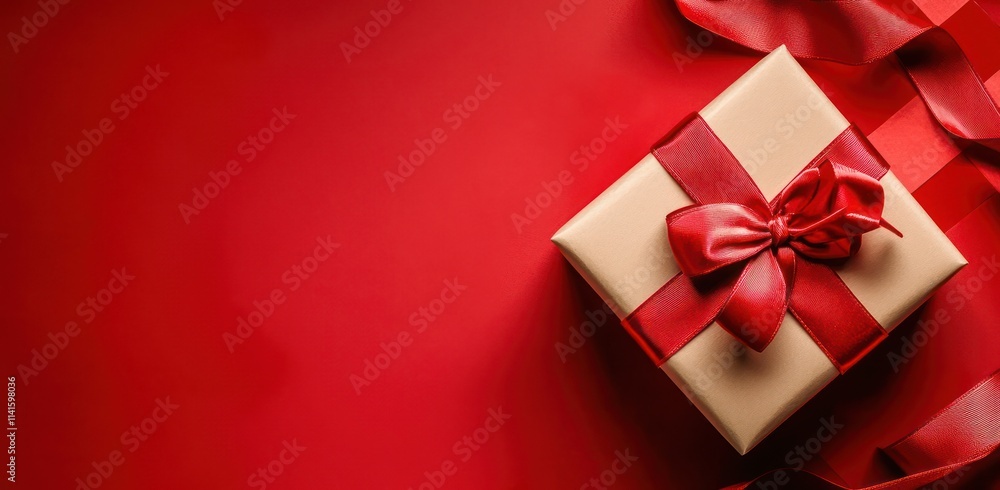 Valentine's Day gift box with red ribbon on red paper, flat-lay with space for writing. Valentine's Day gift box with red ribbon on red paper, flat-lay with space for writing.