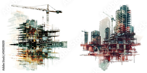 Fototapeta Naklejka Na Ścianę i Meble -  illustration digital building construction engineering with double exposure graphic designb. Generative AI.