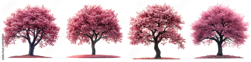 Obraz premium Set of a vibrant pink cherry tree in bloom, isolated on a transparent background.