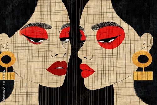 Stylish illustration of two women with striking red makeup and bold earrings, exuding confidence and elegance.