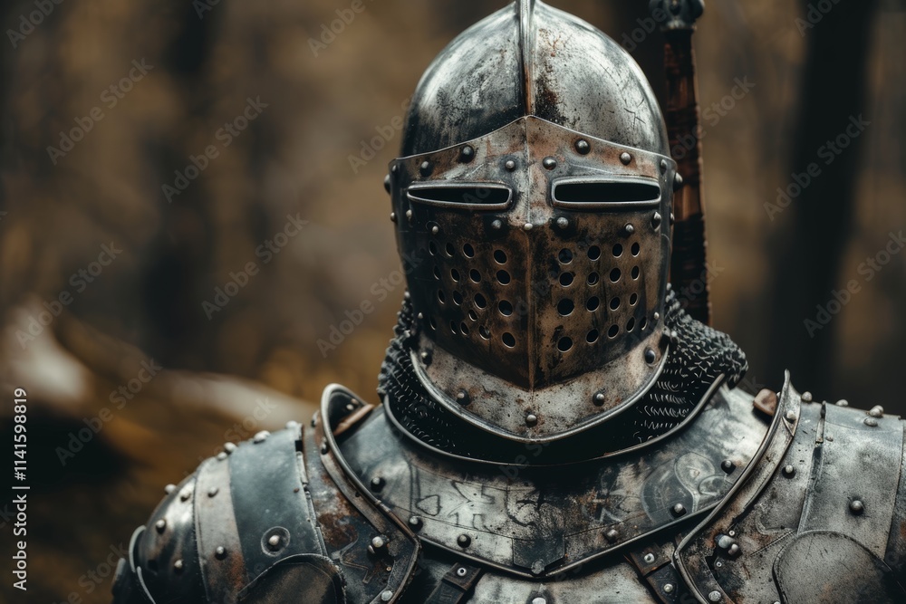 Medieval Knight in Full Suit of Armor in Forest Setting, A stylised armoured knight representing cybersecurity Medieval Knight in Full Suit of Armor in Forest Setting, A stylised armoured knight representing cybersecurity