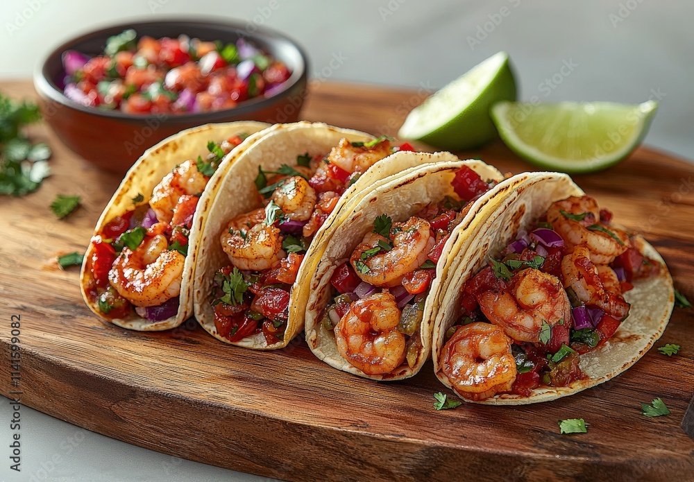 Delicious shrimp tacos on a rustic wooden board, garnished with cilantro and lime wedges. A bowl of salsa adds vibrant color. Delicious shrimp tacos on a rustic wooden board, garnished with cilantro and lime wedges. A bowl of salsa adds vibrant color.