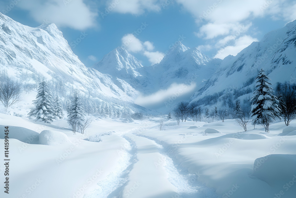 Snow-covered path winding through snowy mountain valley, winter wonderland landscape, travel postcard background. Snow-covered path winding through snowy mountain valley, winter wonderland landscape, travel postcard background.