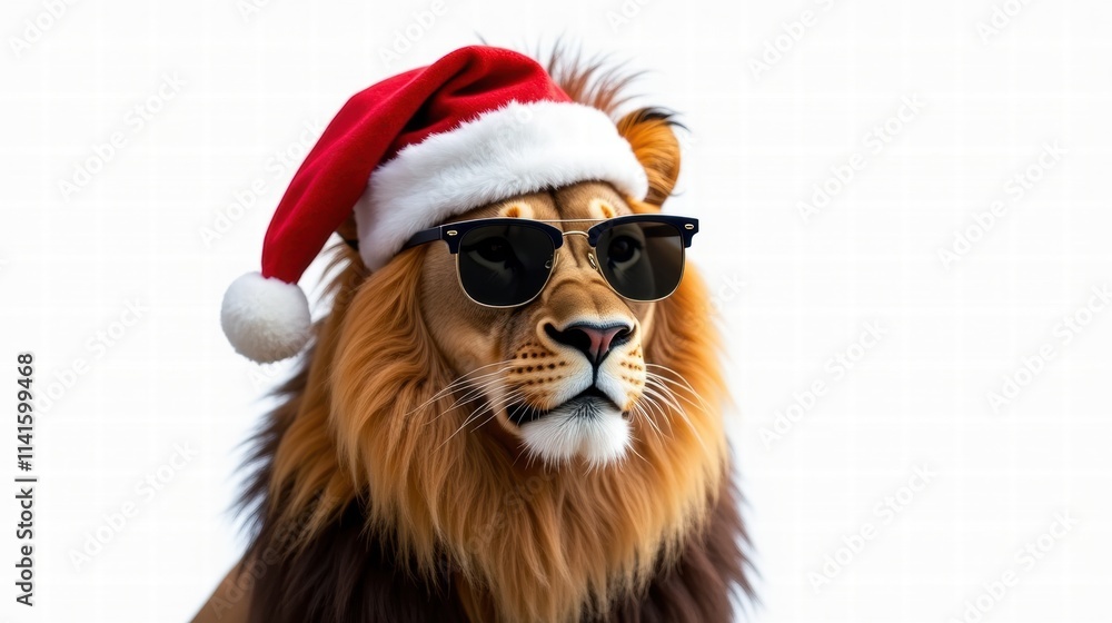 Lion wearing a Santa Claus hat on a white background. Generative AI Lion wearing a Santa Claus hat on a white background. Generative AI