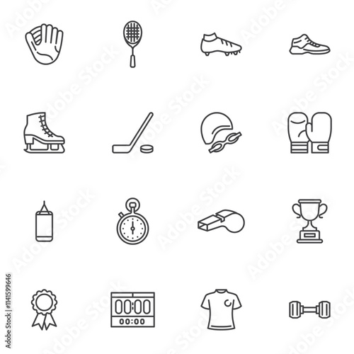 Sports equipment line icons set