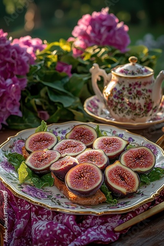 Sliced figs arranged on toasted bread, garnished with mint, served on a decorative plate alongside a floral teapot and hydrangeas.  Perfect for blogs, magazines, or websites showcasing food and lifest photo