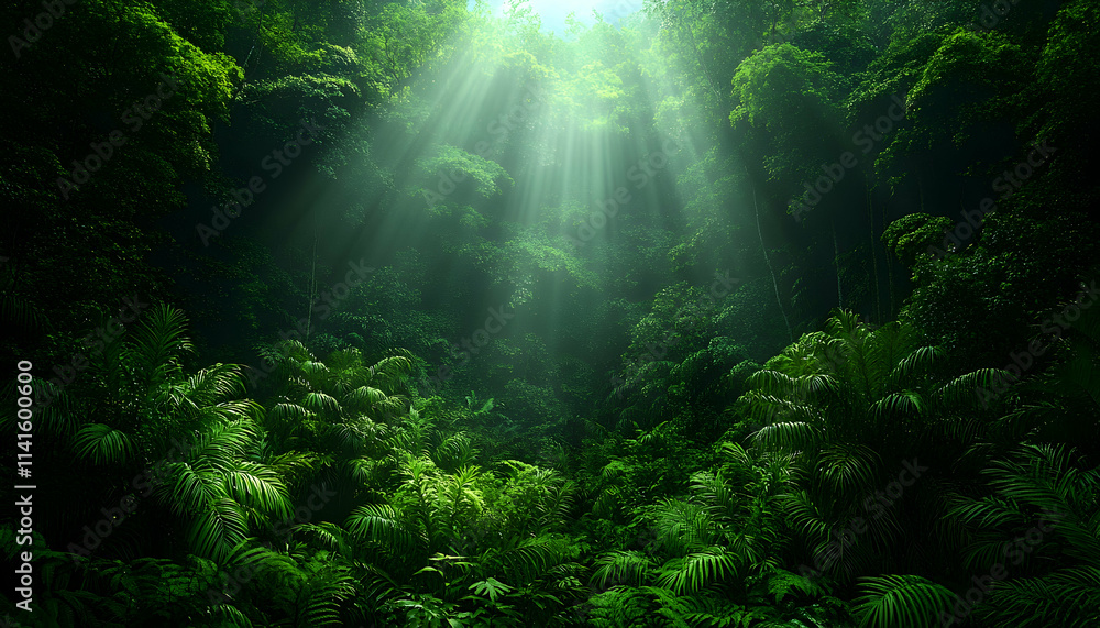 Fototapeta premium Sunbeams Illuminate Lush Rainforest Jungle Canopy, Nature Background, Eco Tourism.