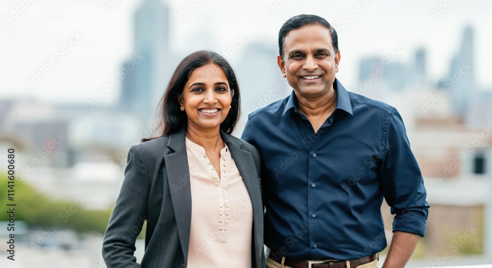 Confident south asian business professionals smiling outdoors in urban environment Confident south asian business professionals smiling outdoors in urban environment