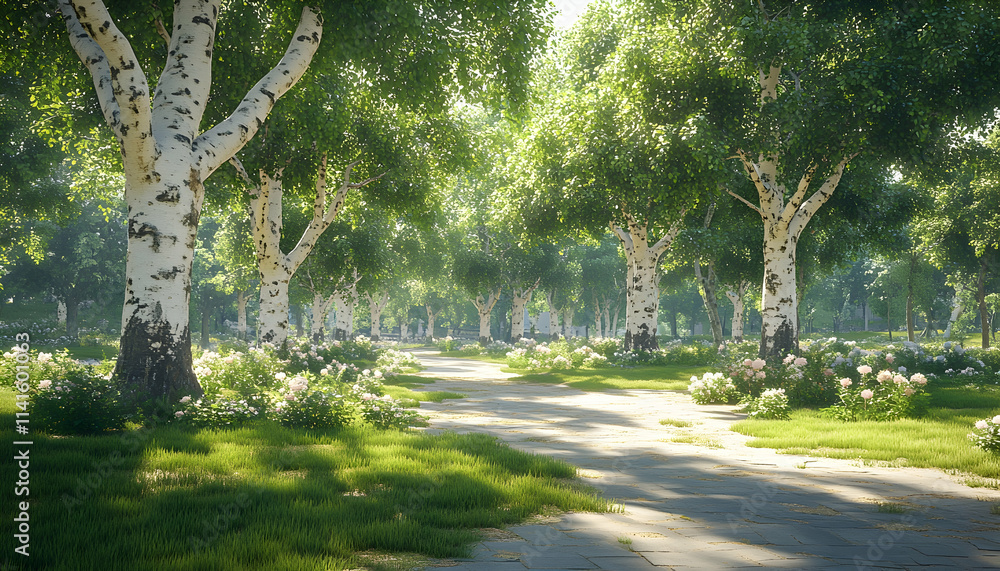Obraz premium Sunlit Birch Grove Path, Peaceful Park, Spring Flowers, Nature Background, Relaxation.