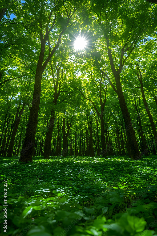 Fototapeta premium Sunlit Forest Canopy, Lush Green Undergrowth, Peaceful Nature Scene, Background for Eco-Friendly Projects.