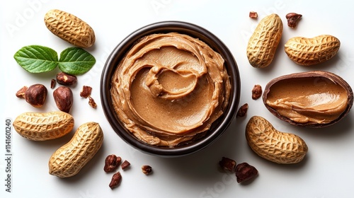 Creamy Peanut Butter in a Bowl Surrounded by Whole Peanuts and Hazelnuts on a Light Background, Perfect for Food Photography and Recipe Ideas photo