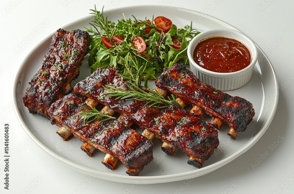Delicious BBQ pork ribs served with a side salad and tangy BBQ sauce, perfect for a summer meal.