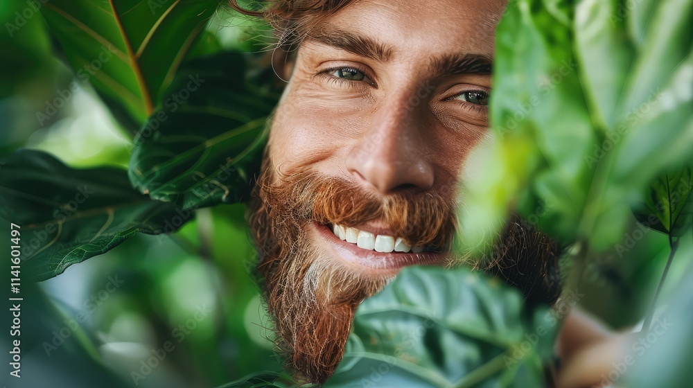 a handsome man's face as he shows off his thriving plant a handsome man's face as he shows off his thriving plant