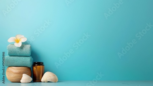 A minimal spa room that inspires relaxation. Serene spa arrangement with towels, shells and a flower on a teal background. photo