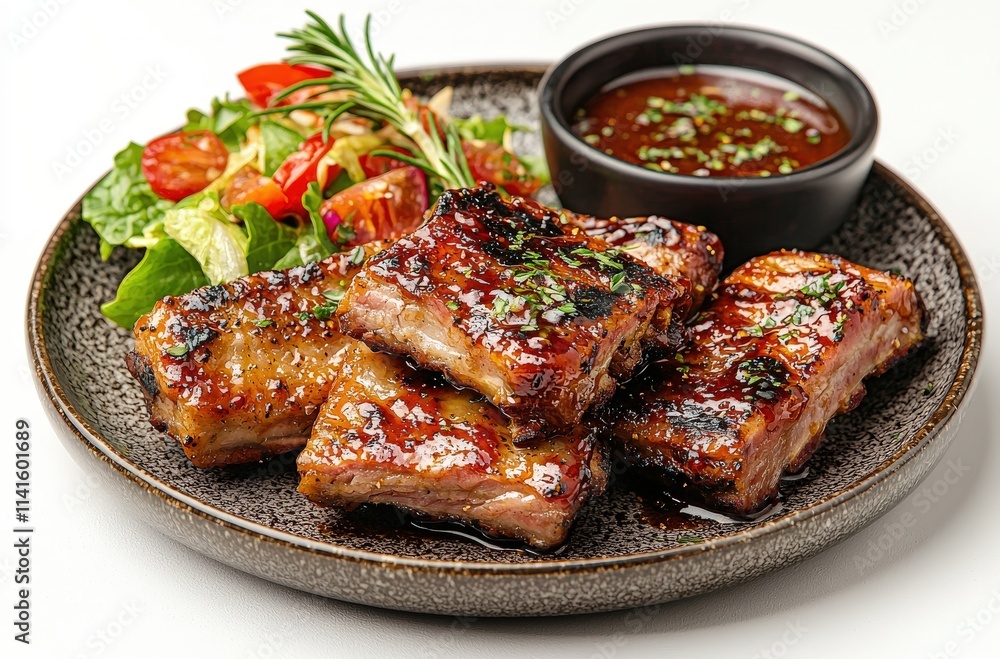 Delicious BBQ pork ribs served with fresh salad and tangy sauce. Perfect for restaurant menus or food blogs. Delicious BBQ pork ribs served with fresh salad and tangy sauce. Perfect for restaurant menus or food blogs.