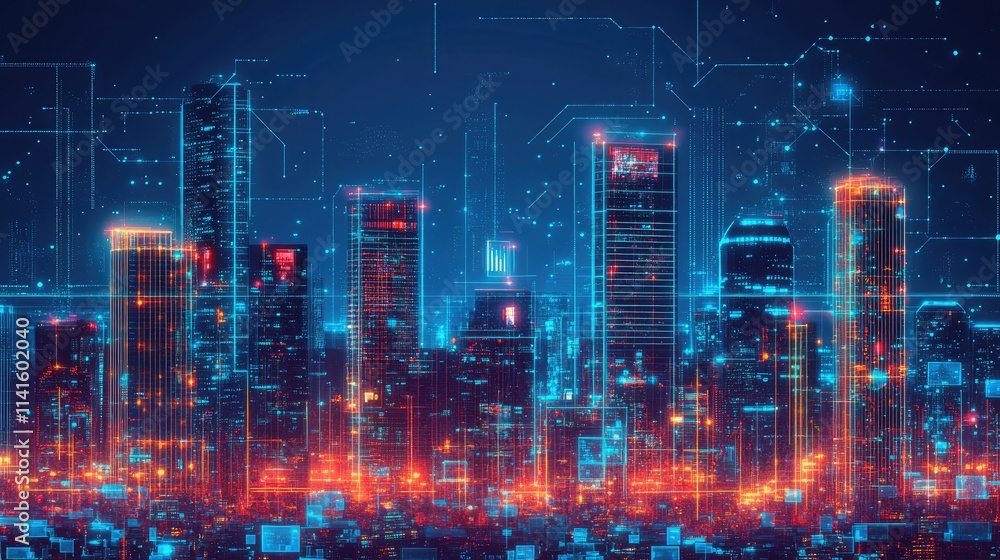Futuristic cityscape with glowing skyscrapers and holographic advertisements illuminating the night skyline. Futuristic cityscape with glowing skyscrapers and holographic advertisements illuminating the night skyline.