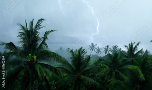 aerial perspective of palm trees swaying in a powerful storm