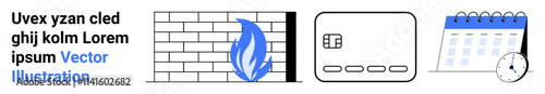 Blue flame on brick wall icon next to calendar and clock. Ideal for cybersecurity, protection, IT infrastructure, scheduling, time management, task planning, and organization. Landing page