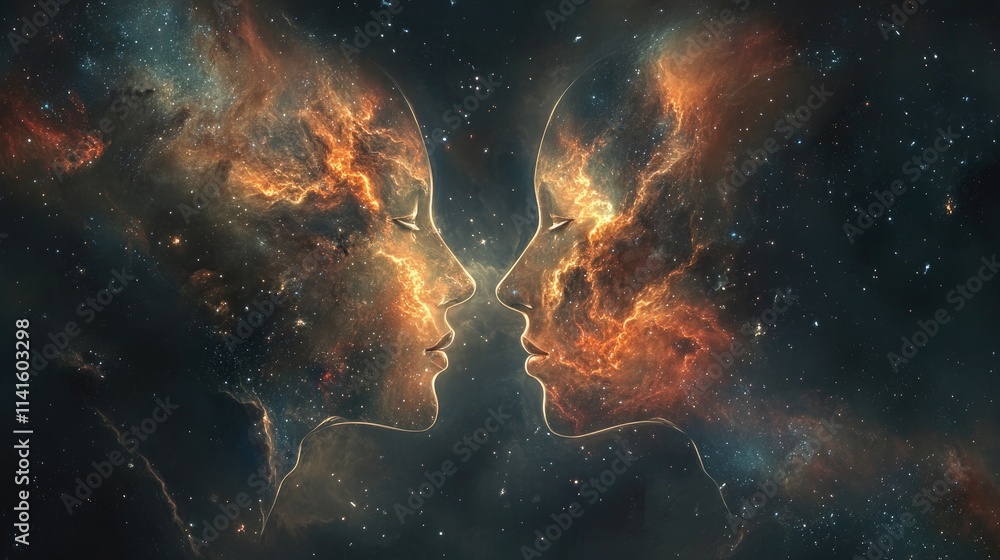 Fototapeta premium Two cosmic beings, faces formed by nebulae, facing each other in a starry night sky.