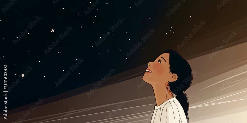 A woman gazes up at a starry night sky, embodying wonder and tranquility. A woman gazes up at a starry night sky, embodying wonder and tranquility.