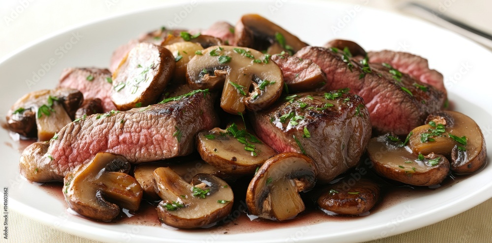Delicious steak served with saut?ed mushrooms on a stylish plate, perfect for gourmet dining. Delicious steak served with saut?ed mushrooms on a stylish plate, perfect for gourmet dining.