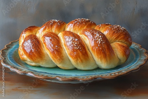 Freshly baked challah bread resting on plate for rosh hashanah dinner photo