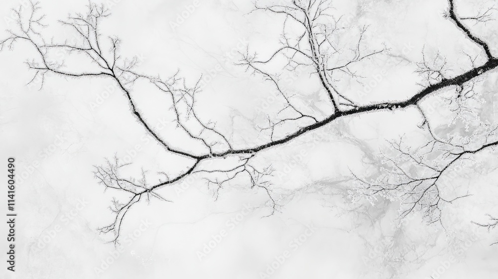 Sparse branches reach out from a snowy background. Frost covers the branches, creating intricate patterns. The image captures the silence and beauty of a Swiss winter. Sparse branches reach out from a snowy background. Frost covers the branches, creating intricate patterns. The image captures the silence and beauty of a Swiss winter.