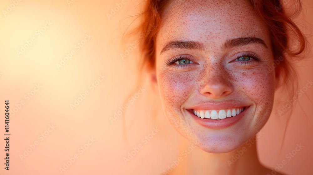 A clean and elegant shot of a smiling woman with freckles, highlighted by light makeup A clean and elegant shot of a smiling woman with freckles, highlighted by light makeup